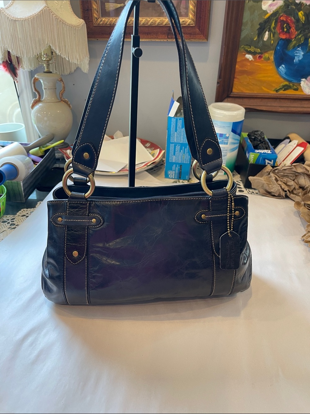 Dark navy/teal Leather Shoulder Bag with Gold Hardware VTG grandmacore